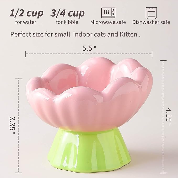 Ceramic Raised Cat Bowl Elevated, Tall & Tilted, Anti-Vomiting, Non-Slip, Cute Flower Cat Food Bowls for Dry Wet Food and Water, for Small Indoor Cats, Pink