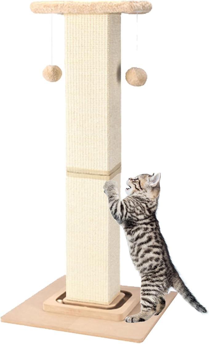 Cat Scratching Post,33 Inches Heavy Duty and Thicker Cat Scratching Posts for Indoor Cats Adults,Tall Cat Scratching Post with Interactive Toys and Hanging Ball, Protect Your Furniture, Beige