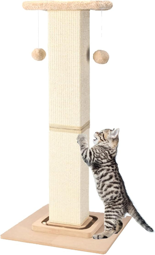 Cat Scratching Post,33 Inches Heavy Duty and Thicker Cat Scratching Posts for Indoor Cats Adults,Tall Cat Scratching Post with Interactive Toys and Hanging Ball, Protect Your Furniture, Beige