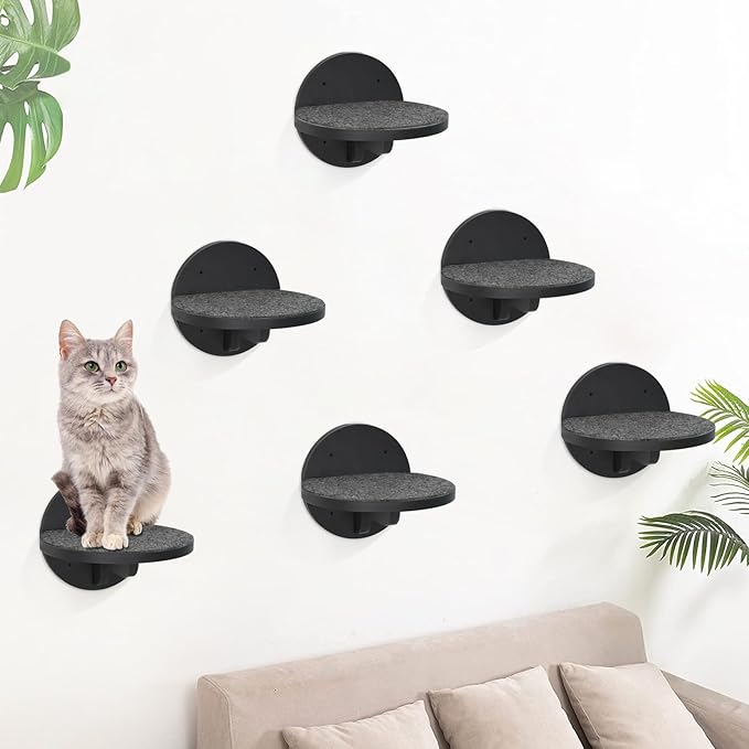 Y&ME 6-Pack Cat Climbing Shelves with Scratching Pad and Wall Mount for Cats to Sleep, Climb and Play (Black)