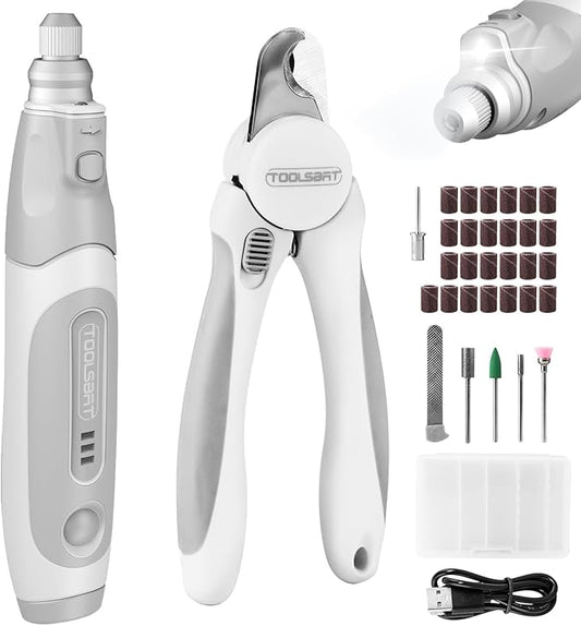 Dog Nail Grinder and Clippers - Upgraded 3-Speed Electric Rechargeable Pet Nail Trimmer with LED Light Super Quiet Paws Grooming Kit Painless Grinding Tool for Large Medium Small Dogs & Cats