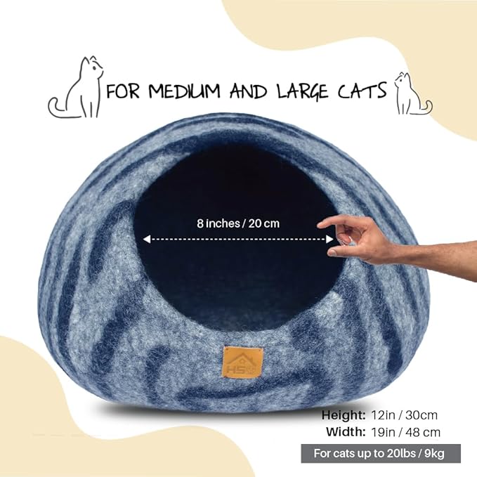Large Wool Cat Cave Premium Felt Bed for Cats & Kittens Pet House Natural 100% Merino Wool Handmade Indoor Hideaway Eco-Friendly Cove 19 Inch Diameter Round Handcrafted Dome (Dark Gray Tiger)