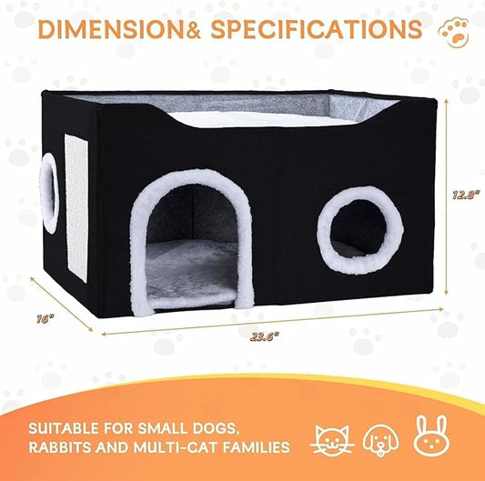 Cat House for Indoor Cats – Foldable Cat Cave & Covered Cat Bed, Cozy Hideaway for Small Pets and Large Cats (23.6"x16"x12.8"),Black