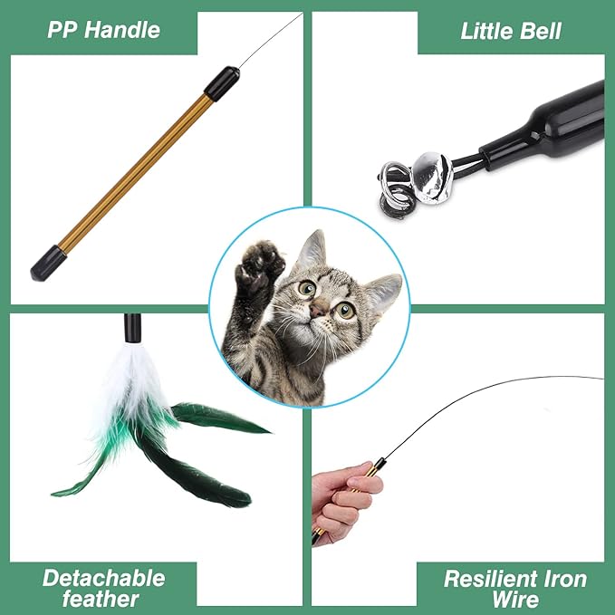 Pawaboo Feather Teaser Cat Toy, Interactive Feather Wand Cat Toy Flying Feather Cat Catcher with Extra Long 34.5" Wand and Small Bell, Fun Exerciser Playing Toy for Kitten or cat, White & Green
