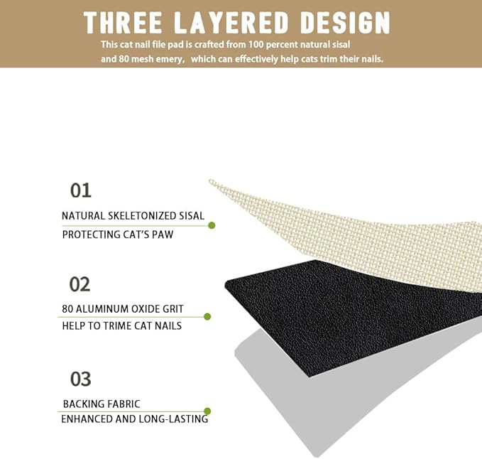 Sisal Cat Nail File & Scratching Pad - Wall Mount/Floor Cat Scratcher, Built-in 80-Grit Aluminum Oxide for Natural Nail Trimming, Protect Furniture (14.81"x11.12")