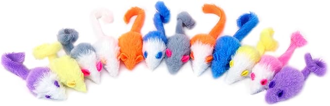 CHIWAVA 36PCS 1.8" Candy Color Furry Mice Cat Toy Rattle Mouse Kitten Interactive Toy Assorted Color