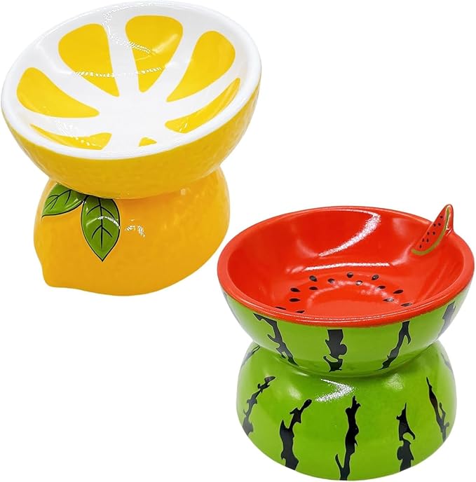 Hamiledyi Ceramic Raised Cat Bowl Anti Vomiting Elevated Tilted Cat Food & Water Bowls 2PCS Pet Feeder Dish for Indoor Kitty and Small Dogs (Watermelon & Lemon)