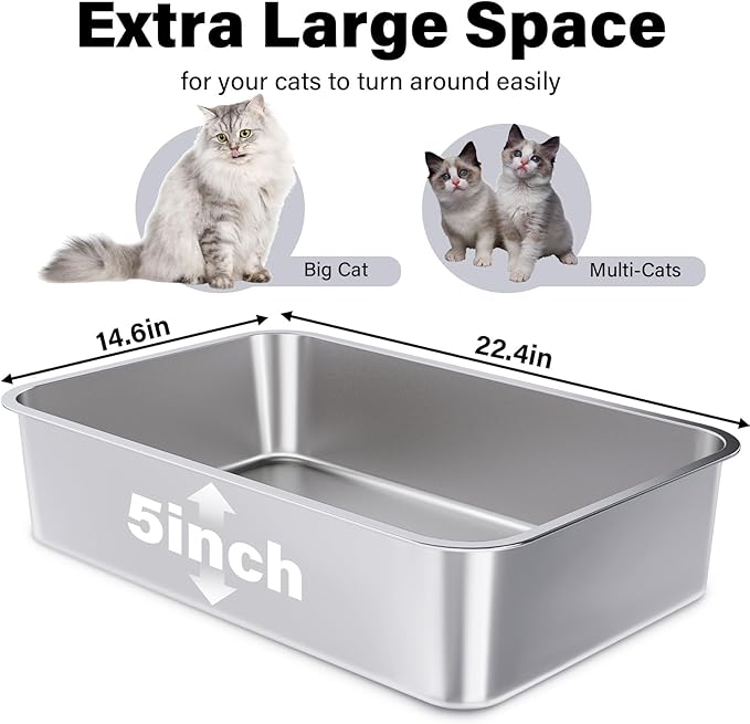 Stainless Steel Litter Box 2 Pack, XLarge Metal Litter Box for Cat, Easy Clean Non Stick Easy Entry No Smell Metal Litterbox for Kitty/Cats