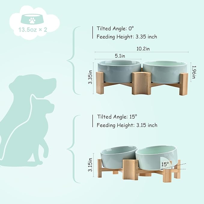 SPUNKYJUNKY 15° Slanted Ceramic Dog and Cat Bowl with Wooden Stand, Tilted Bulldog Food and Water Bowl No Slip Non-Spill for Cats Medium Dogs Big Face Pets 13.5 OZ (1.7 Cups, Morandi Green × 2)