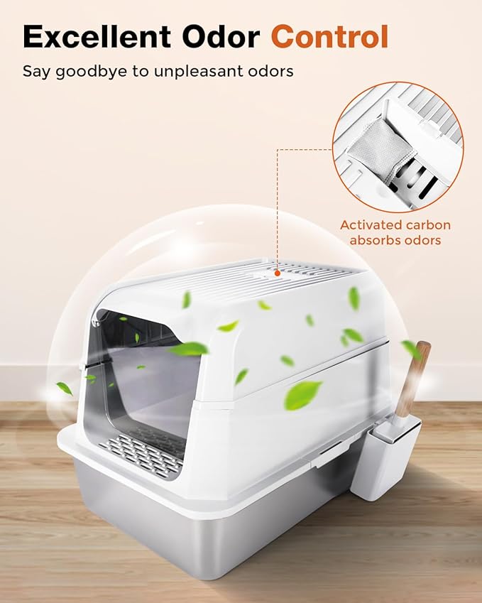 Stainless Steel Litter Box with Lid - Extra Large Cat Litter Boxes for Big Cats with Mat & Scoop - Anti-Leakage, Odor-Proof, High-Sided, Non-Stick＆ Easy to Clean - Ideal for Multi-Cat Homes - White