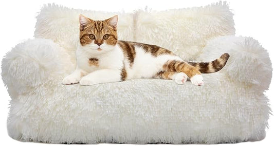 Cat Couch Bed for Indoor Cats, Calming Pet Sofa Puppy Sleeping Bed with Removable Washable Cover, Cute Dog Couch and Kitty Lounge Chair for 18lbs Cat & Small Dog(Plush White)