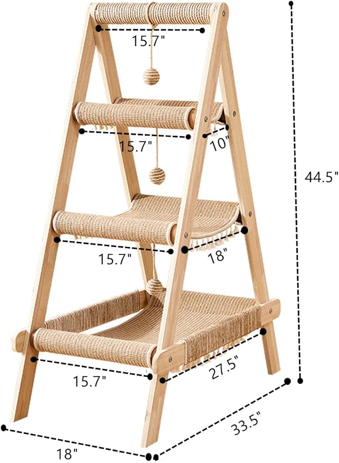 SHENGOCASE 3-Tier Modern A Frame Wooden Cat Tree Tower Ladder with Multi-Level Bed Hammock for Large Cat and Sctatching Post, Hanging Toy Ball (Beige)