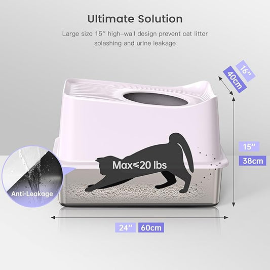 XL Stainless Steel Cat Litter Box Top Entry Extra Large Metal Litter Box with High Side for Big Cats, Multiple Cats, No Odor, Easy to Clean, Anti-Urine Leakage, Dog-Proof, Non-Sticky