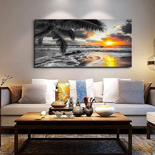 Yxbhhym-Beach Wall Art Black and White Ocean Pictures for Walls Sunrise Seascape Scenery Canvas Print Sunset Painting Palm Poster Sea Wave Artwork for Living Room Wall Art Bedroom Office Wall Décor