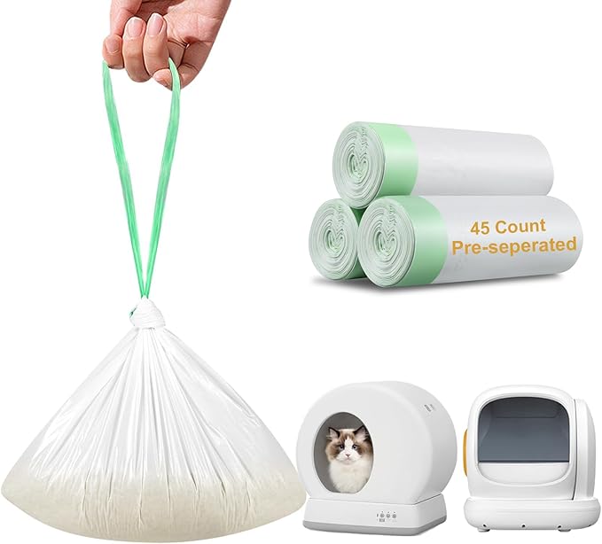 45 Count Self-Cleaning Cat Litter Box Liners Bag Fit For MW-SC01/MW-SC02/MW-LR01/MW-LB02, Drawstring Heavy Duty Cat Litter Receptacles Bags Compatible with Automatic Pet Litter Box-18" * 12"