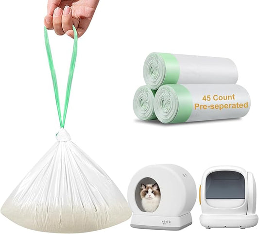 45 Count Self-Cleaning Cat Litter Box Liners Bag Fit For MW-SC01/MW-SC02/MW-LR01/MW-LB02, Drawstring Heavy Duty Cat Litter Receptacles Bags Compatible with Automatic Pet Litter Box-18" * 12"