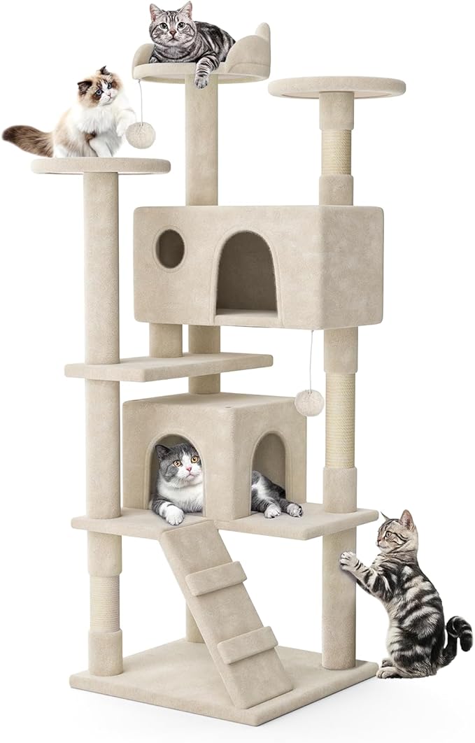 MoNiBloom Cat Tree, 70 Inch Cat Tree Tower with 2 Condo, Tall Cat Tower with Scratching Post, Cat Climbing Tower, Cat Tree for Indoor Cats, Beige