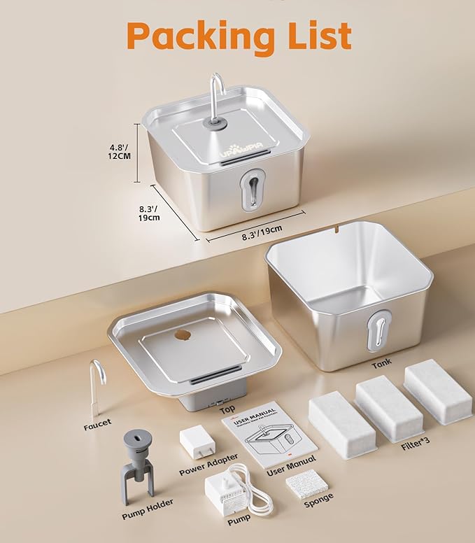 Cat Water Fountain Stainless Steel 135oz/4L Pet Water Fountain for Cats Indoor Pets Dog Small Animal Automatic Dog Water Dispenser with 3 Filters 1 Sponge Quiet