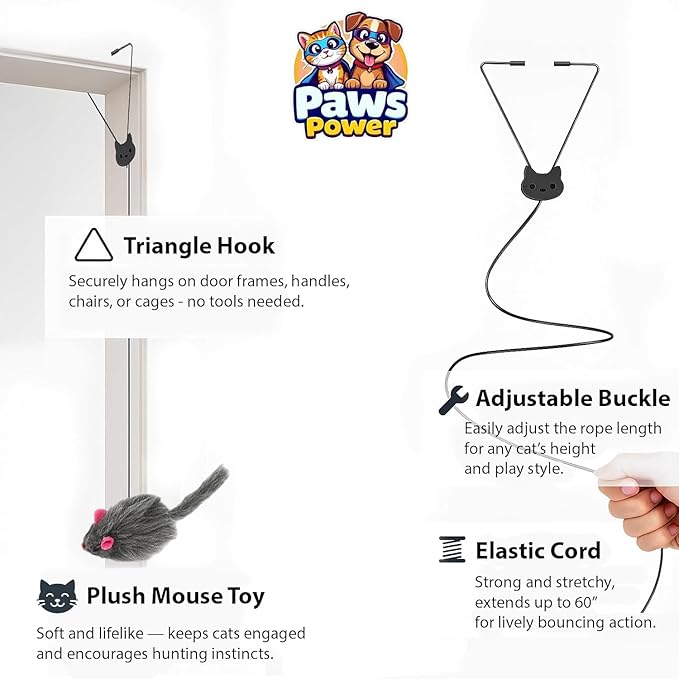 Self Play Hanging Door Cat Mouse Toy - Interactive Cat Toys for Indoor Cats - Fun Hunting Exercise for Bored Adult Cats & Kittens - Top Hanging Cat Toy for Indoor Play (Extended Package)
