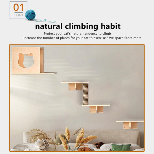 Cat Wall Shelves and Furniture Set with Condos, Perches, Bridge Ladders, Sisal Scratching Posts - Steps and Houses for Cats (C)