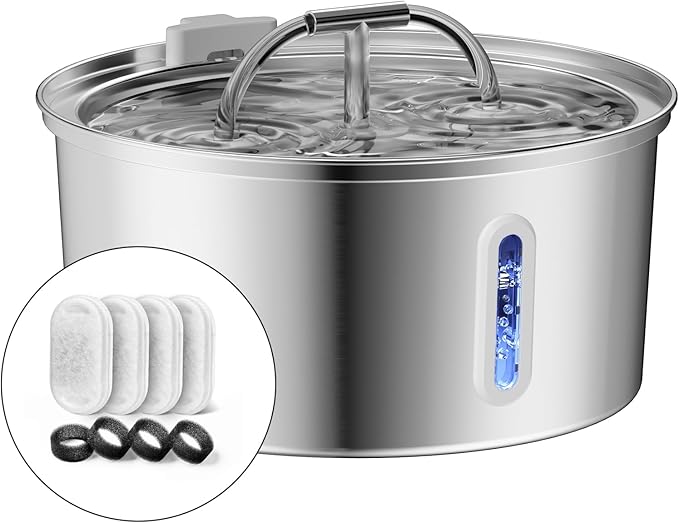 Cat Water Fountain Stainless Steel, 3.2L/108OZ Pet Water Fountain for Drinking,Automatic Metal Dog Water Fountain with 4 Filters & 4 Sponges,Quiet Pump,Dual-Stream for Cats, Dogs,Multiple Pets Indoor