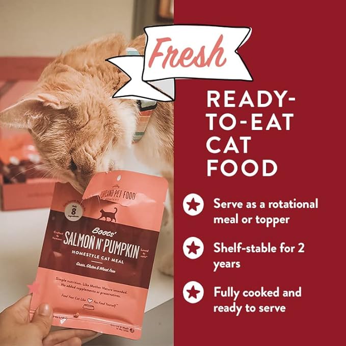 Human-Grade Mixed Variety Pack Wet Cat Food Pouch Boots' Salmon N' Pumpkin - Moist, Soft Cat Food Mixer, Topper, and Rotational Meal by Portland Pet Food Company -12 Pack