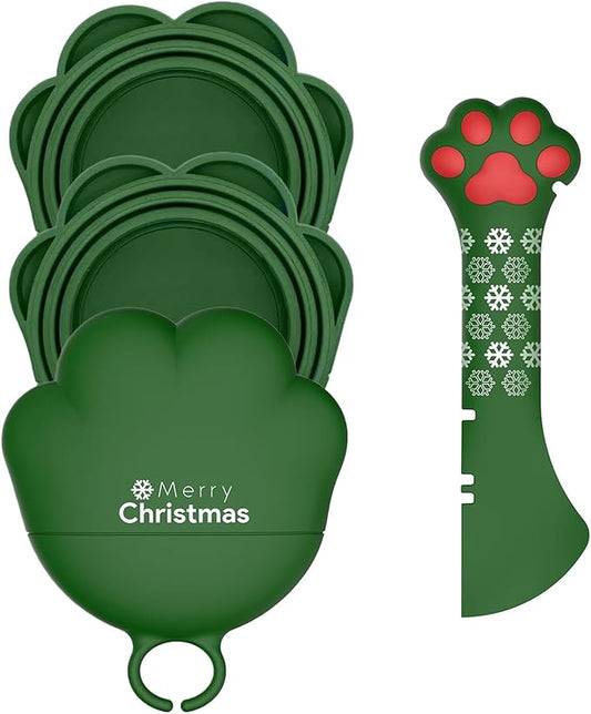 Christmas Pet Set - 3 Cat Food Can Lids & 1 BPA-Free Opener | Cute Paw Shape Can Covers and Opener Spatula Spoon for Wet Food | Silicone Spoon & Covers for Dog Cat - Paw Green