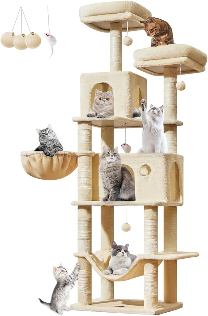Taoqimiao Large Cat Tree，73-Inch Cat Tree Tower with 9 Scratching Posts for Indoor Cats, 2 Large Cat Condo with Hammock, Hanging Basket, 2 Extended Platform, Beige MS013XLM
