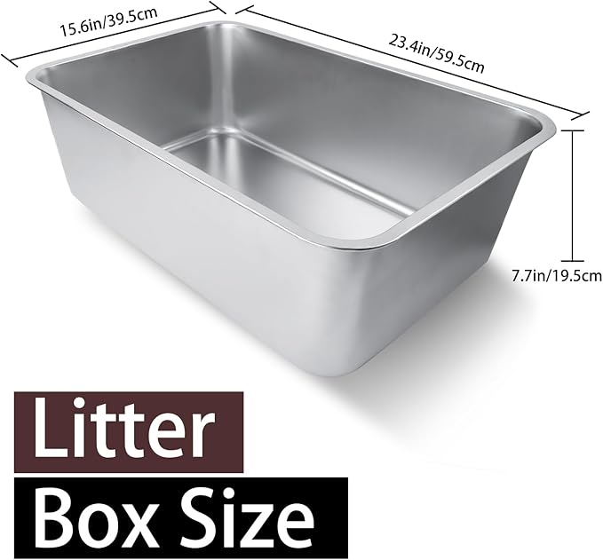Stainless Steel Cat Litter Box for Adult Cats or Kitty/Kitten 23.6"x15.8"x8" Rust-Proof, High Side, Non Stick, No Smell, Easy to Clean Metal Cat Litter Box