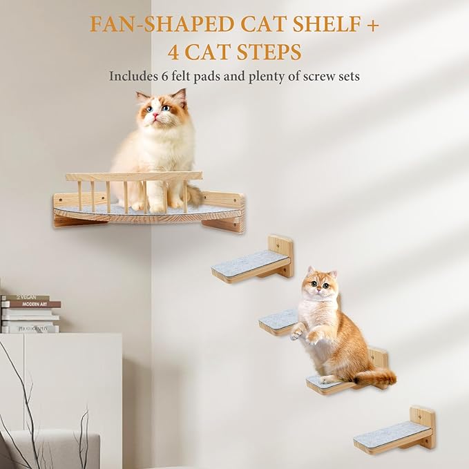 Cat Wall Shelves with 4 Step Scratch Post & Hammock Bed Wooden Floating Climbing Furniture for Sleeping and Playing Indoor Cat Climbing Shelf Corner Shelf Perches Support 20 LBS
