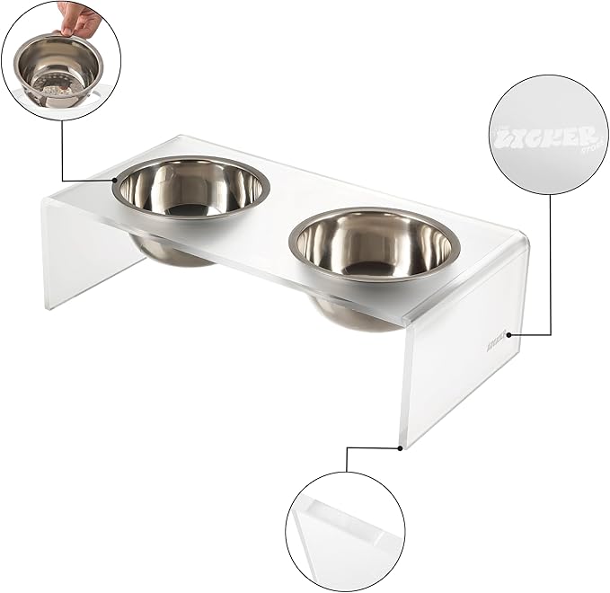 THE LICKER STORE DBL2001K Keaton 7.5" Medium/Large Modern Acrylic Rectangular Elevated Pet Feeder with 54oz 2-Stainless Steel Bowls, Moon White/Chrome