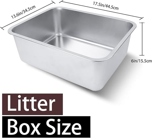 Stainless Steel Cat Litter Box for Adult Cats or Kitty/Kitten 18"x14"x6" Rust-Proof, High Side, Non Stick, No Smell, Easy to Clean Metal Cat Litter Box