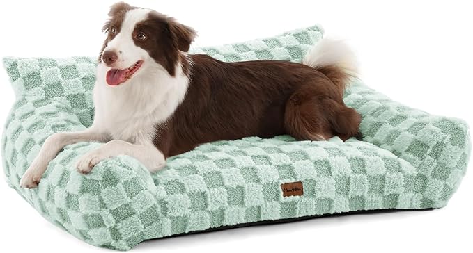 MADE 4 PETS Dog Couch Bed, Soft Faux Fur Checkered Pet Sofa, Comfortable Fluffy Dog Sofa with Supportive Foam, Removable Washable Cover with Non-Slip Base, Green, Large