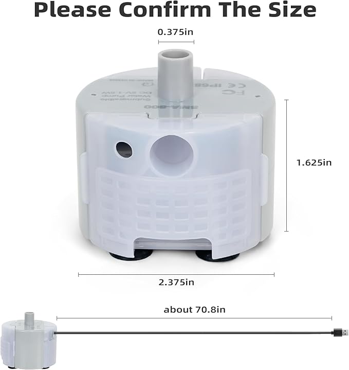 Ultra-Quiet Replacement Pump for Stainless Steel Cat Water Fountains - SMA-800 Motor - Safe and Easy to Clean with Low Voltage DC 5V and USB Cable (Bottom Suction Pump)