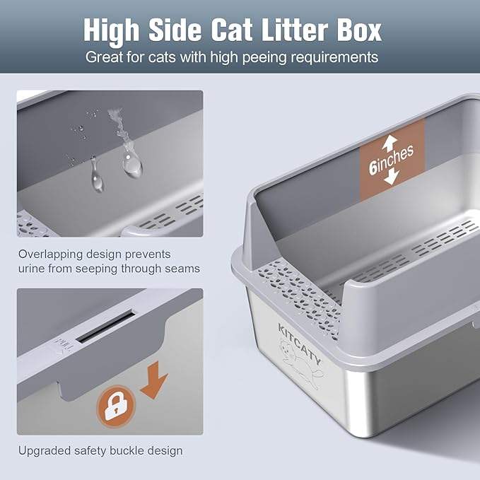 Stainless Steel Sifting Litter Box, for Pine Wood Pellet Cat Litter, XXL Metal Cat Litter Boxs with Lid, 23.6''X15.7''X14'' High-Sided Litter Box,Leak-Proof,Easy to Clean, with Scoop, Urine Pad, Liner