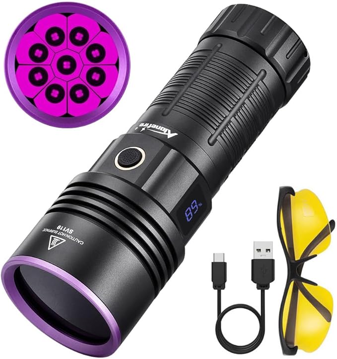 ALONEFIRE SV119 365nm UV Flashlight 90W Powerful Blacklight Digital Display USB C Rechargeable Black Light for Pet Urine Detector, Scorpion, Resin, Bed Bug, Fishing with UV Protective Glasses, Battery