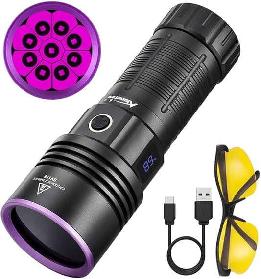 ALONEFIRE SV119 365nm UV Flashlight 90W Powerful Blacklight Digital Display USB C Rechargeable Black Light for Pet Urine Detector, Scorpion, Resin, Bed Bug, Fishing with UV Protective Glasses, Battery