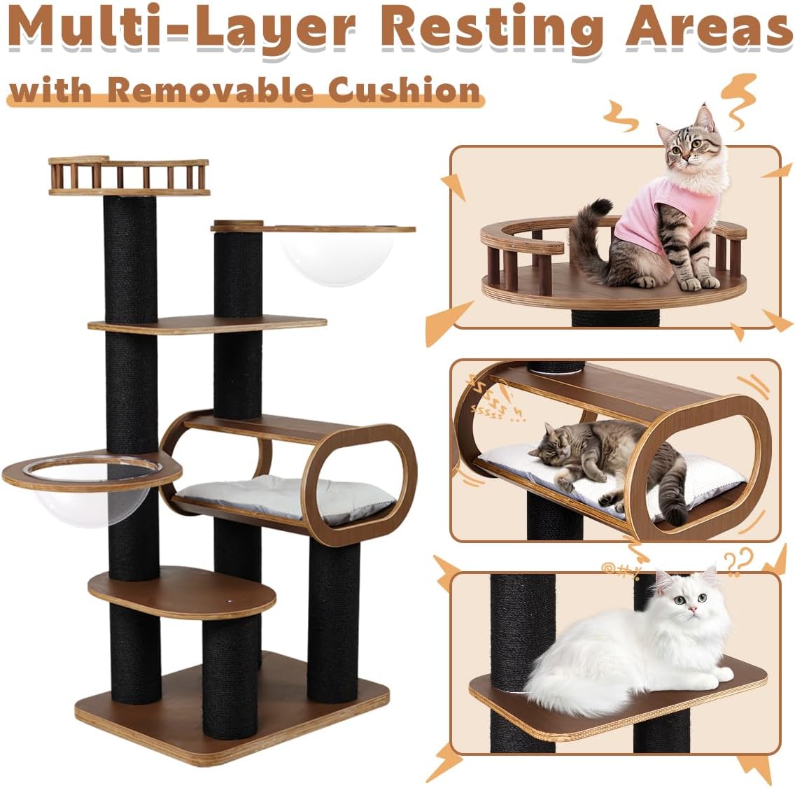 63'' Modern Cat Tree, Black Cat Tower with Scratching Post, Wooden Cat Tree for Indoor Cats Large Adult, Luxury Cat Furniture, Heavy Duty Activity Center with Transparent Bowl and Semi-Closed Condo