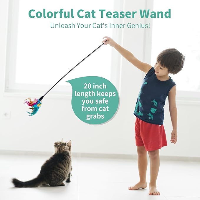 Cat Feather Toys, Cat Toy with Elastic Turkey Feathers, Interactive Teaser Wand with Bell, Durable Flexible Rod for Playful Kittens and Cats, Indoor Entertainment for Pets (1.64")