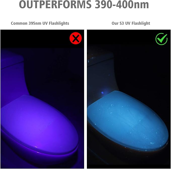 S3 365nm UV Flashlight with 3 LEDs, Powerful Blacklight Flashlights for Pet Urine Detection, Resin Curing, Rocks, Scorpion