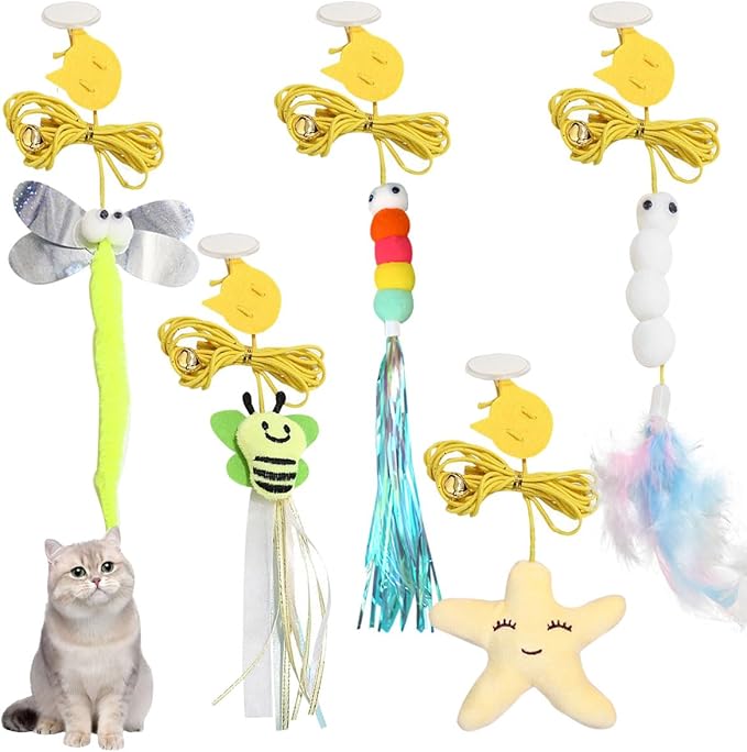 5 PCS Interactive Cat Feather Toys, Hanging Door Cat Toy Retractable Cat Teaser Toys Indoor Feather Kitten Fun Mental Physical Exercise Kitten Toys
