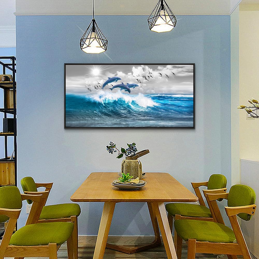 Wapluam Black Framed Wall Decor For Living Room Large Wall Art For Bedroom Blue Waves Of The Sea Wall Pictures Artwork Modern Office Canvas Art Print Dolphins Wall Paintings Ready To Hang 20 X 40