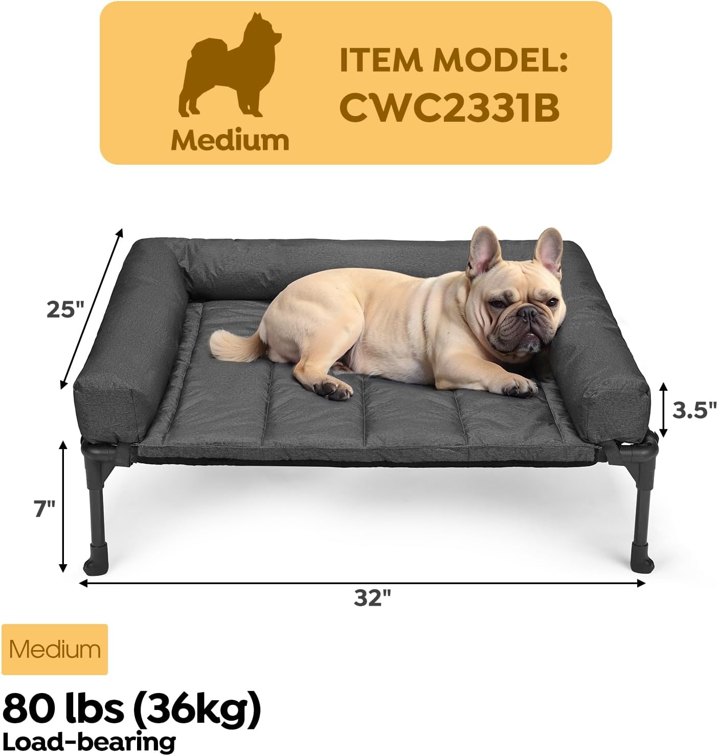 Veehoo Cooling Elevated Dog Bed Add Removable Waterproof Bolster Cushion Mat, Raised Pet Cot with Breathable Teslin Mesh, No-Slip Feet, Dog Sofa Bed for Indoor Outdoor, Medium, Black CWC2331B
