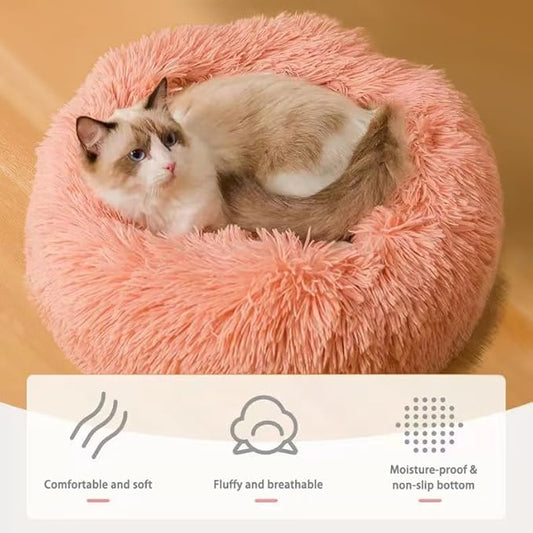 Cat Beds for Indoor Cats, Dog Bed, Cat Bed, Machine Washable, Fluffy Round Pet Bed Non-Slip, Autumn and Winter Warmth, Cuddler Cushion Self Warming (Plaid Sky Blue, 20 inch)