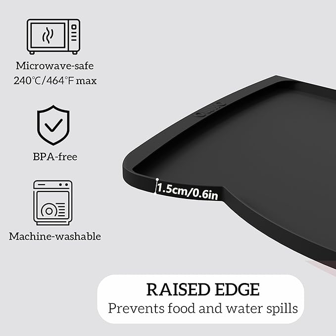 OHMO Dog Food Mat(Black, 24 * 15'') w/Residue Collection Pocket Silicone Pet Feeding Mat for Floor High Edges Anti Spills Waterproof Cat Water Bowl Tray, Easy Clean Placemat