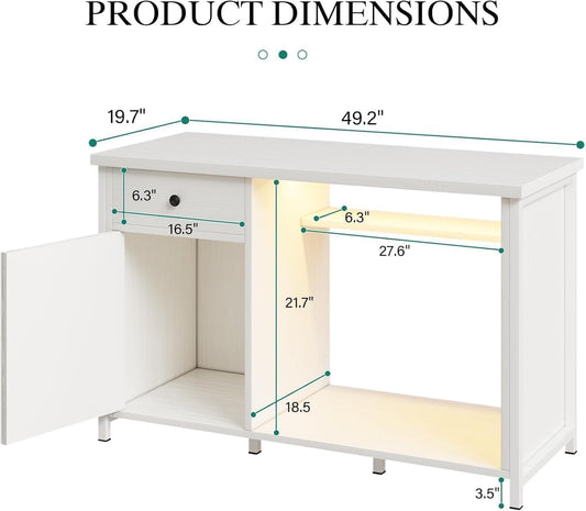55 Gallon Fish Tank Stand with LED Light & Power Outlets, 55-75 Gallon Aquarium Stand with Drawer & Barn Door, 50" L x 20" W Cabinet for 2 Fish Tank Accessories Storage, Turtle Tank, Antique White