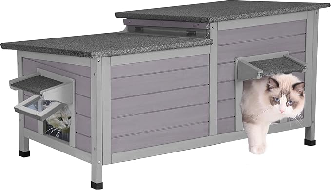 Cat House Outdoor, Weatherproof Feral Cat Shelter for Winter, Double Rooms Design