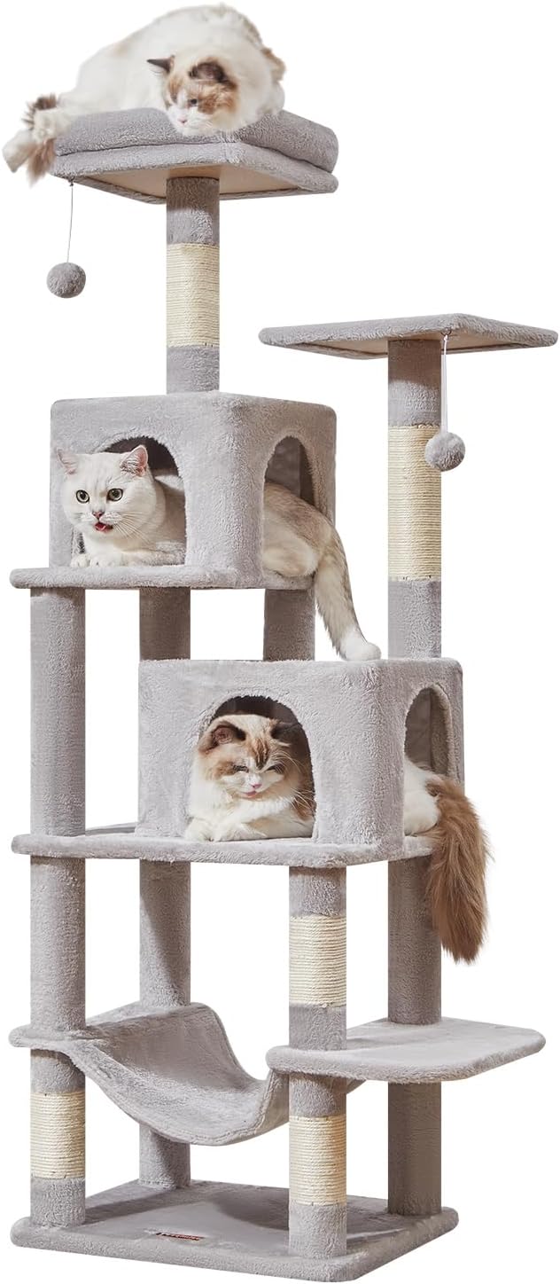 Taoqimiao Cat Tree, 61-Inch Cat Tower for Indoor Cats, Plush Multi-Level Cat Condo with 5 Scratching Posts, 2 Perches, 2 Caves, Hammock, 2 Pompoms, Light Gray MS013SW