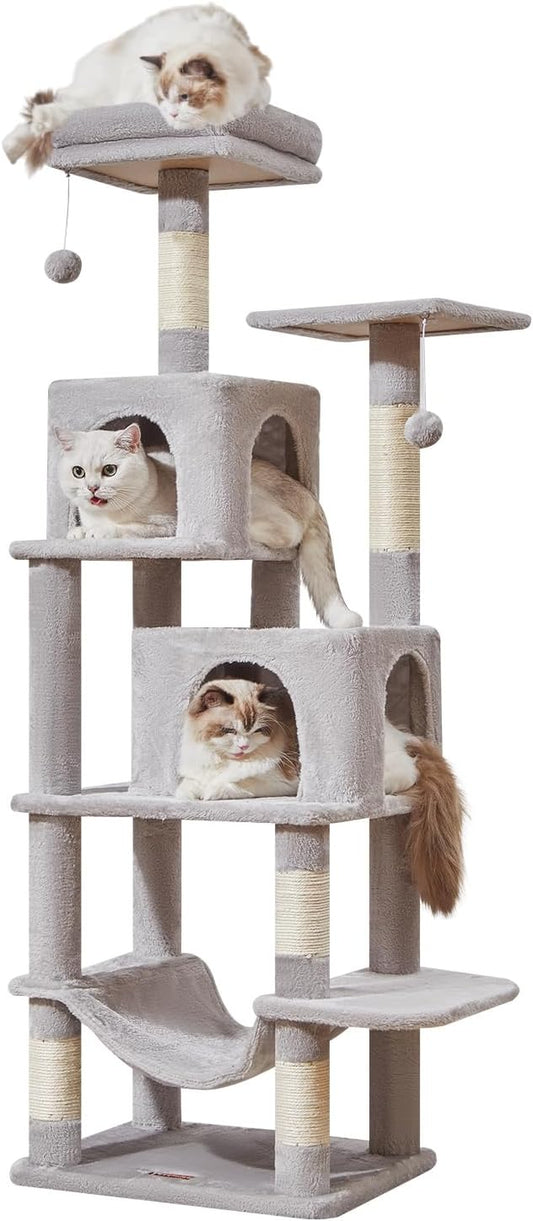 Taoqimiao Cat Tree, 61-Inch Cat Tower for Indoor Cats, Plush Multi-Level Cat Condo with 5 Scratching Posts, 2 Perches, 2 Caves, Hammock, 2 Pompoms, Light Gray MS013SW