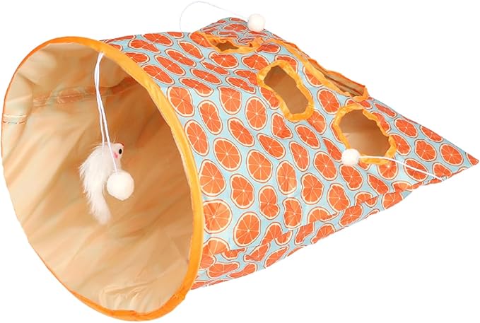 SYCOOVEN Cat Tunnel Bag for Indoor Cats, Pet Collapsible Tunnel Crinkle Sack Bag with 1 Little Mouse & Toy Ball, Crinkle Paper Interactive Cat Toys Hide and Seek(Orange Pattern)